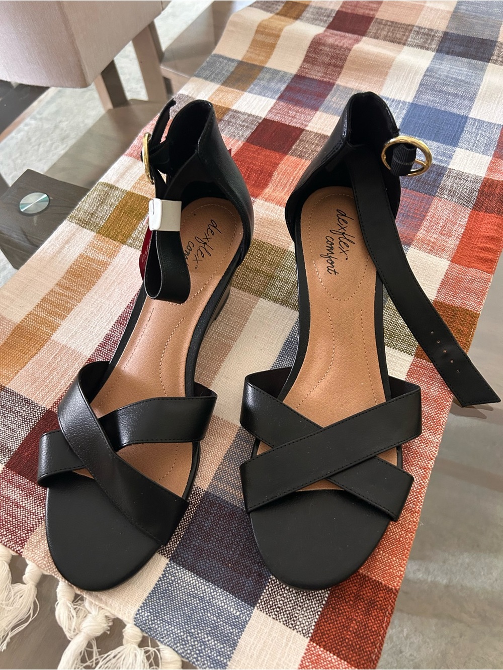 Dexter Black Crisscross Ankle-Strap Sandals with Gold Buckle